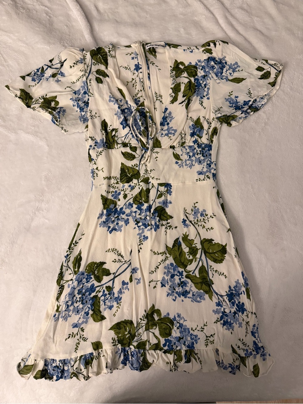 Reformation Cream Mini Dress with Blue Floral Print